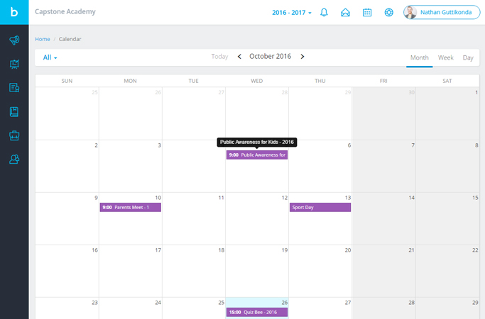 Scheduled events marked and displayed in day, week, month and year formats